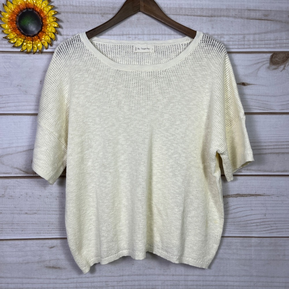 By Together Women Cream Knit Short Sleeve Sweater Top Oversized Small